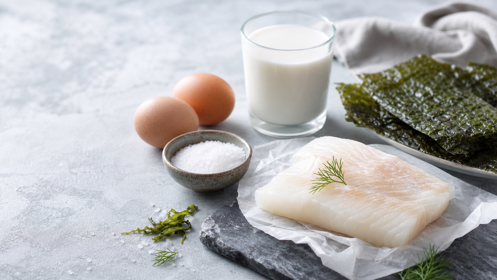 Fisch, Meeresalgen, Eier und weitere natürliche Jodquellen